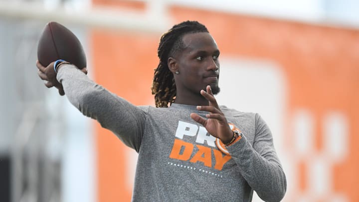 Joe Milton throws a pass at Tennessee Pro-Day in Knoxville, Tenn., Wednesday, March 27, 2024. Joe Milton throws a pass at Tennessee Pro-Day in Knoxville, Tenn., Wednesday, March 27, 2024.