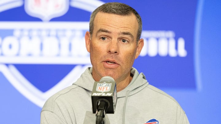 Feb 27, 2024; Indianapolis, IN, USA; Buffalo Bills general manager Brandon Beane talks to the media at the 2024 NFL Combine. Feb 27, 2024; Indianapolis, IN, USA; Buffalo Bills general manager Brandon Beane talks to the media at the 2024 NFL Combine.