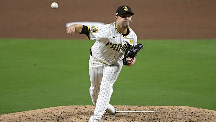 San Diego Padres pitcher Michael King throws during a playoff game against the Atlanta Braves on Tuesday at Petco Park.