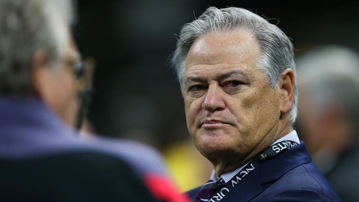 Nov 20, 2022; New Orleans, Louisiana, USA; New Orleans Saints general manager and executive vice president Mickey Loomis before the game against the Los Angeles Rams at the Caesars Superdome. Mandatory Credit: Chuck Cook-Imagn Images