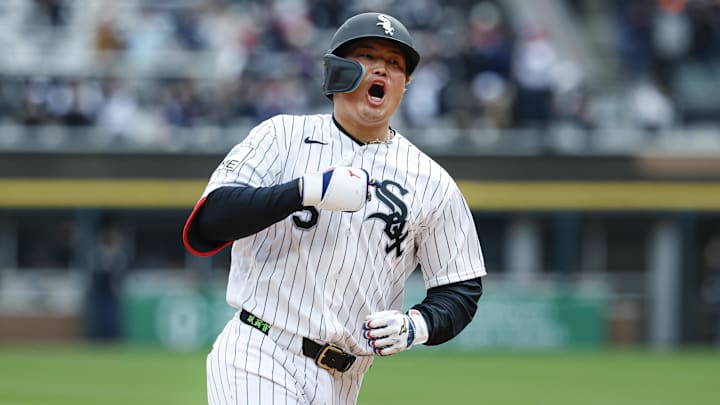 Apr 4, 2026; Chicago, Illinois, USA; Chicago White Sox first baseman Munetaka Murakami (5) rounds the bases after hitting a two-run home run against the Toronto Blue Jays during the sixth inning at Rate Field. 