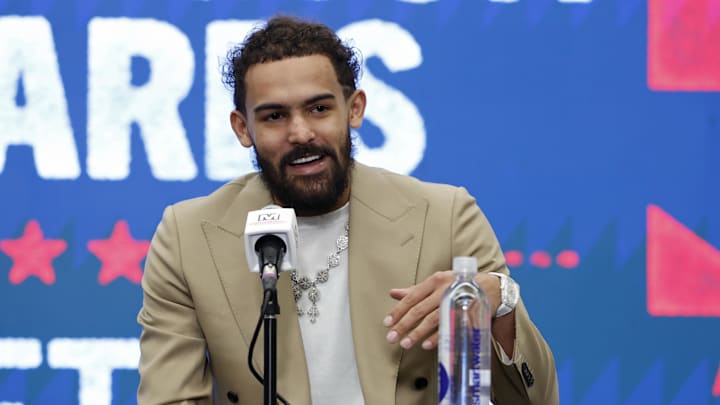 Jan 9, 2026; Washington, District of Columbia, USA; Newly acquired Washington Wizards guard Trae Young speaks at an introductory press conference prior to the Wizards' game against the New Orleans Pelicans at Capital One Arena. Mandatory Credit: Geoff Burke-Imagn Images
