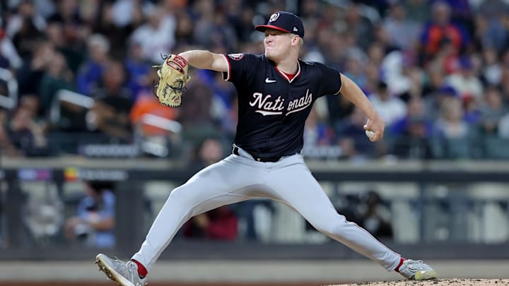 Sep 18, 2024; New York City, New York, USA; Washington Nationals starting pitcher DJ Herz (74) pitches against the New York Mets during the first inning at Citi Field. 
