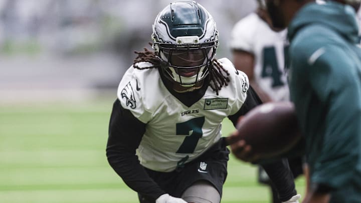 Philadelphia Eagles Kelee Ringo (7) during OTAs at NovaCare Complex.
