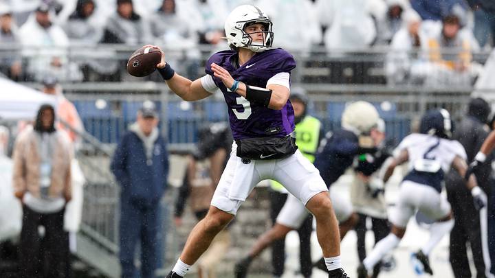 Penn State Nittany Lions quarterback Rocco Becht (3) throws a pass during spring practice at Beaver Stadium. Penn State Nittany Lions quarterback Rocco Becht (3) throws a pass during spring practice at Beaver Stadium.