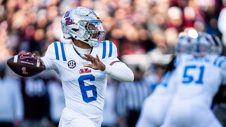 Ole Miss quarterback Trinidad Chambliss (6) passes the ball during a college football game between Mississippi State and Ole Miss at Davis Wade Stadium in Starkville, Miss., on Friday, Nov. 28, 2025. The Egg Bowl game marks the 122nd meeting between the two teams. Ole Miss quarterback Trinidad Chambliss (6) passes the ball during a college football game between Mississippi State and Ole Miss at Davis Wade Stadium in Starkville, Miss., on Friday, Nov. 28, 2025. The Egg Bowl game marks the 122nd meeting between the two teams.