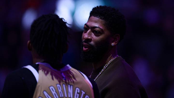 Apr 5, 2026; Brooklyn, New York, USA; Washington Wizards forward Anthony Davis (23) talks with Bub Carrington during a time out in the second half against the Brooklyn Nets at Barclays Center. Mandatory Credit: Vincent Carchietta-Imagn Images Apr 5, 2026; Brooklyn, New York, USA; Washington Wizards forward Anthony Davis (23) talks with Bub Carrington during a time out in the second half against the Brooklyn Nets at Barclays Center. Mandatory Credit: Vincent Carchietta-Imagn Images