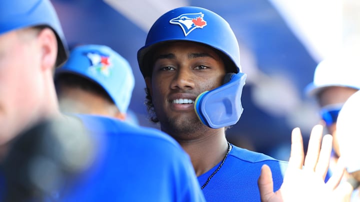 Mar 3, 2026; Dunedin, FL, USA; Toronto Blue Jays shortstop Arjun Nimmala (18) scores a run during the second inning against Team Canada at TD Ballpark. Mandatory Credit: Kim Klement Neitzel-Imagn Images