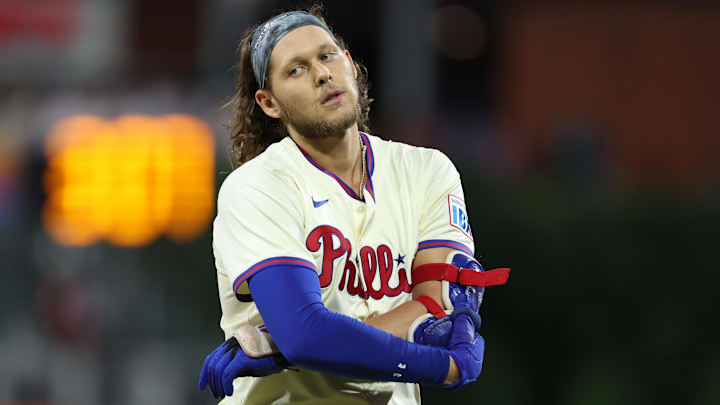 Oct 5, 2024; Philadelphia, PA, USA; Philadelphia Phillies third baseman Alec Bohm (28) reacts after the final out in the eighth inning against the New York Mets in game one of the NLDS for the 2024 MLB Playoffs at Citizens Bank Park. 