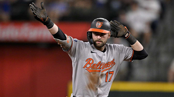 Jul 2, 2025; Arlington, Texas, USA; Baltimore Orioles left fielder Colton Cowser (17) celebrates after hitting a double against the Texas Rangers during the game at Globe Life Field. Mandatory Credit: Jerome Miron-Imagn Images