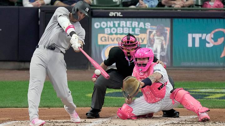 New York Yankees outfielder Spencer Jones hits an RBI single during the second inning of their game against the Milwaukee Brewers on Sunday, May 10, 2026, at American Family Field in Milwaukee, Wisconsin. New York Yankees outfielder Spencer Jones hits an RBI single during the second inning of their game against the Milwaukee Brewers on Sunday, May 10, 2026, at American Family Field in Milwaukee, Wisconsin.