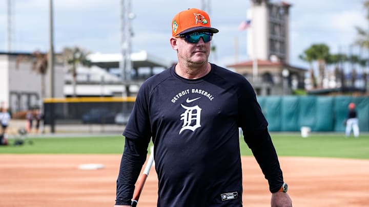 A.J. Hinch watches practice during spring training at TigerTown in Lakeland, Fla. on Monday, Feb. 16, 2026.