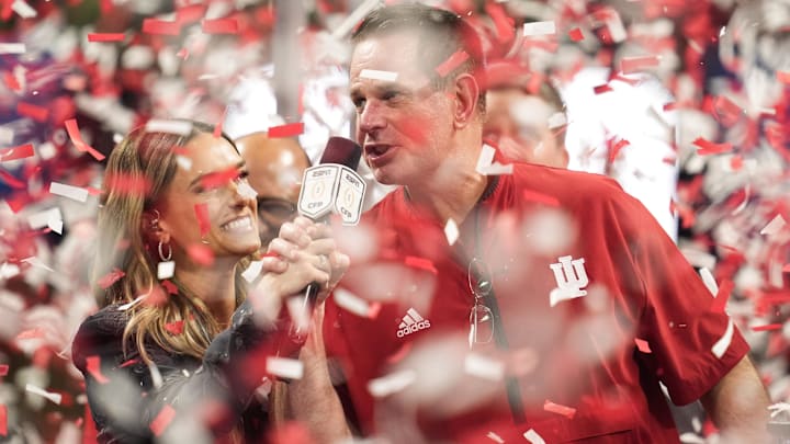 Jan 9, 2026; Atlanta, GA, USA; Indiana Hoosiers head coach Curt Cignetti is interviewed after the 2025 Peach Bowl and semifinal game of the College Football Playoff against the Oregon Ducks at Mercedes-Benz Stadium. Mandatory Credit: Dale Zanine-Imagn Images