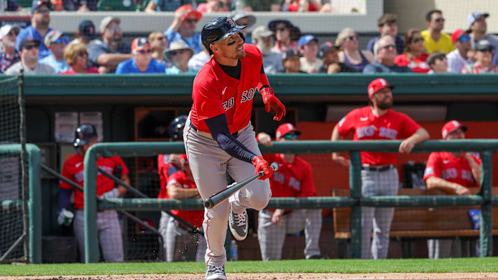 Feb 27, 2025; Lakeland, Florida, USA; Boston Red Sox center fielder Trayce Thompson (37) watches a fly ball during the fifth inning against the Detroit Tigers at Publix Field at Joker Marchant Stadium. Mandatory Credit: Mike Watters-Imagn Images