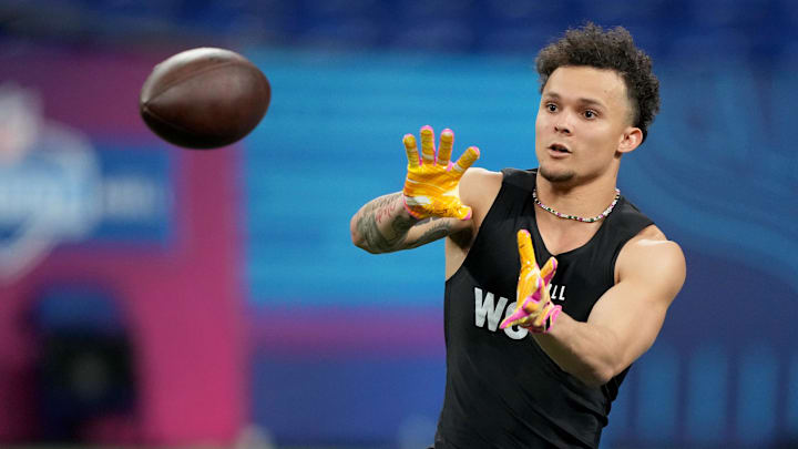 Mar 2, 2024; Indianapolis, IN, USA; Michigan wide receiver Roman Wilson (WO39) during the 2024 NFL Combine at Lucas Oil Stadium. Mandatory Credit: Kirby Lee-Imagn Images