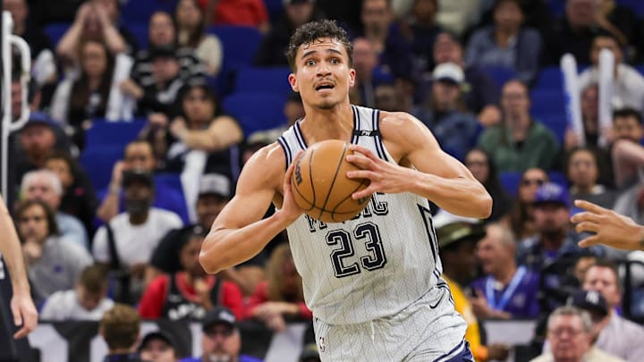Mar 4, 2025; Orlando, Florida, USA; Orlando Magic forward Tristan da Silva (23) looks to pass during the second quarter against the Toronto Raptors at Kia Center. Mandatory Credit: Mike Watters-Imagn Images