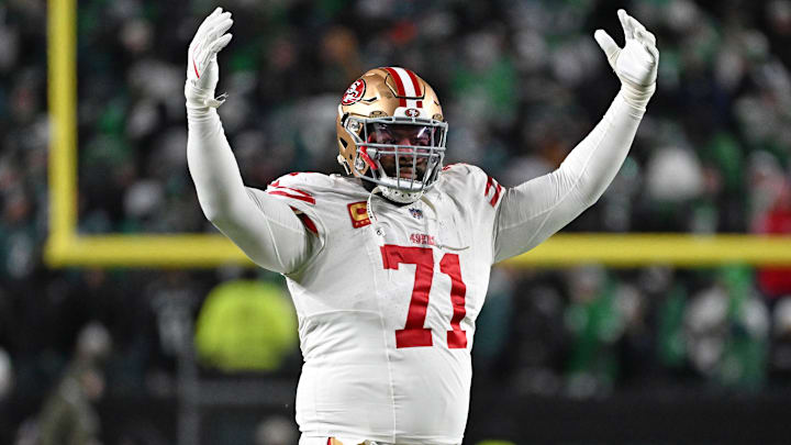 Jan 11, 2026; Philadelphia, PA, USA; San Francisco 49ers offensive tackle Trent Williams (71) celebrates win against the Philadelphia Eagles in an NFC Wild Card Round game at Lincoln Financial Field. Mandatory Credit: Eric Hartline-Imagn Images
