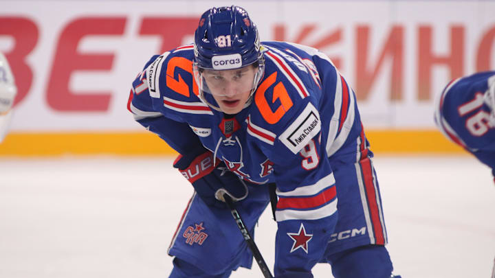 Ivan Demidov (91) SKA Hockey Club seen in action during the...