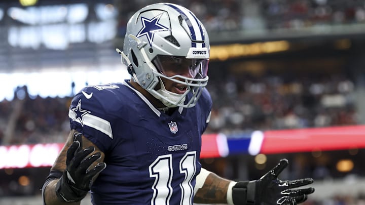 Jan 5, 2025; Arlington, Texas, USA;  Dallas Cowboys linebacker Micah Parsons (11) celebrates  after a sack during the first quarter against the Washington Commanders at AT&T Stadium. Mandatory Credit: Kevin Jairaj-Imagn Images