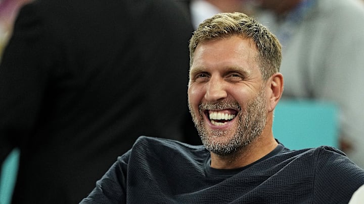 Aug 7, 2024; Paris, France; Former NBA player Dirk Nowitzki looks on from the sideline during the game between Germany and France in the women’s basketball quarterfinals during the Paris 2024 Olympic Summer Games at Accor Arena. Mandatory Credit: Kyle Terada-Imagn Images
