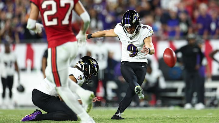 Baltimore Ravens place kicker Justin Tucker (9) kicks an extra point against the Tampa Bay Buccaneers in the third quarter at Raymond James Stadium. Baltimore Ravens place kicker Justin Tucker (9) kicks an extra point against the Tampa Bay Buccaneers in the third quarter at Raymond James Stadium.