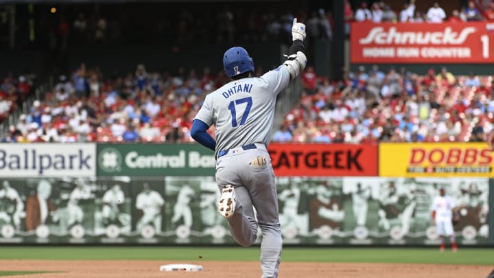 Aug 18, 2024; St. Louis, Missouri, USA; Los Angeles Dodgers designated hitter Shohei Ohtani (17) rounds the bases after hitting a solo home run against the St. Louis Cardinals in the fifth inning at Busch Stadium. Aug 18, 2024; St. Louis, Missouri, USA; Los Angeles Dodgers designated hitter Shohei Ohtani (17) rounds the bases after hitting a solo home run against the St. Louis Cardinals in the fifth inning at Busch Stadium.