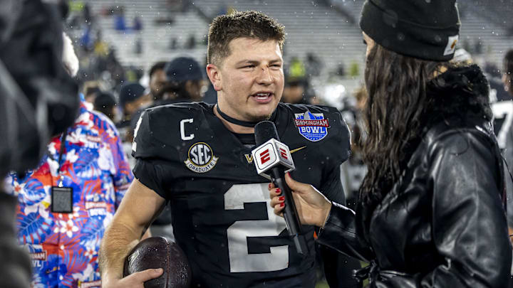Dec 27, 2024; Birmingham, AL, USA;  Vanderbilt Commodores offensive lineman Steven Hubbard (54) talks with ESPN after the game against the Georgia Tech Yellow Jacketsthe 2024 Birmingham Bowl at Protective Stadium. Mandatory Credit: Vasha Hunt-Imagn Images