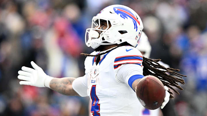 Buffalo Bills running back Cook reacts after scoring a touchdown against the New England Patriots during the second half at Gillette Stadium. 