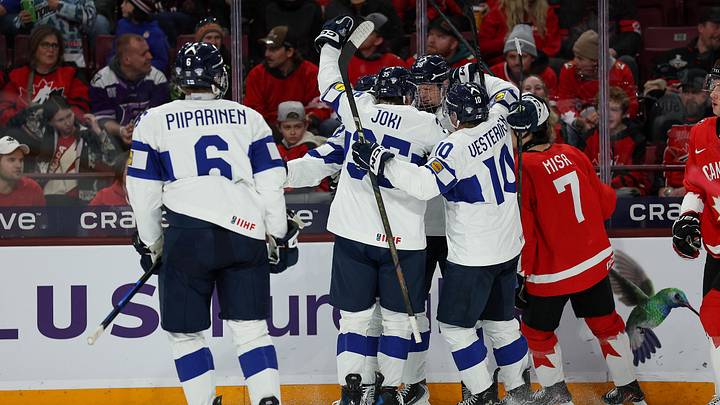 Dec 31, 2025; Minneapolis, Minnesota, UNITED STATES; Finland forward Oliver Suvanto (38) celebrates his goal against Canada during the first period in group play during the 2026 IIHF World Junior Championship at 3M Arena. Mandatory Credit: Matt Krohn-Imagn Images