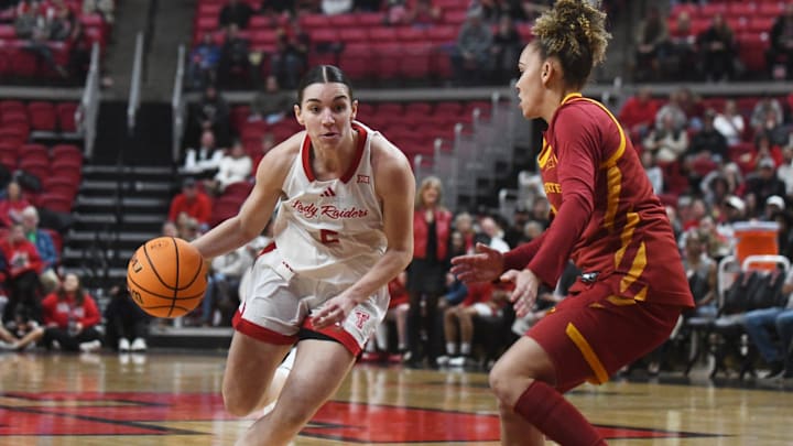 Texas Tech's Gemma Nunez dribbles against Iowa State in a Big 12 women's basketball game Wednesday, Jan. 28, 2026, at United Supermarkets Arena. Texas Tech's Gemma Nunez dribbles against Iowa State in a Big 12 women's basketball game Wednesday, Jan. 28, 2026, at United Supermarkets Arena.