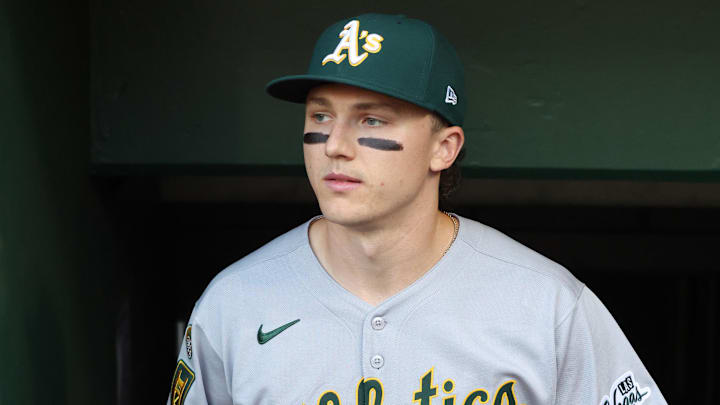 Sep 19, 2025; Pittsburgh, Pennsylvania, USA;  Athletics second baseman Zack Gelof (20) enters the dugout to play the Pittsburgh Pirates at PNC Park. Mandatory Credit: Charles LeClaire-Imagn Images