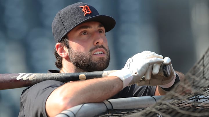 Jul 21, 2025; Pittsburgh, Pennsylvania, USA;  Detroit Tigers left fielder Matt Vierling (8) looks on at the batting cage before the game against the Pittsburgh Pirates at PNC Park. Mandatory Credit: Charles LeClaire-Imagn Images