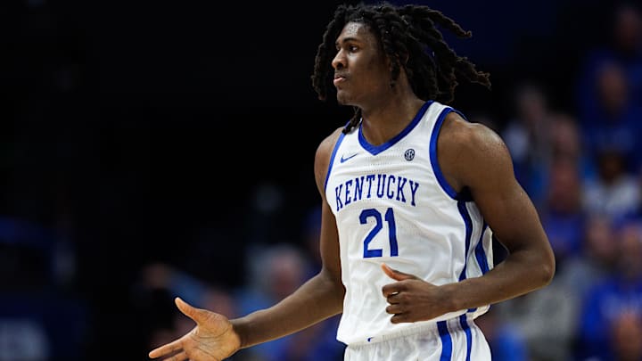 Jan 7, 2026; Lexington, Kentucky, USA; Kentucky Wildcats forward Jayden Quaintance (21) fives a teammate during the second half against the Missouri Tigers at Rupp Arena at Central Bank Center. Mandatory Credit: Jordan Prather-Imagn Images Jan 7, 2026; Lexington, Kentucky, USA; Kentucky Wildcats forward Jayden Quaintance (21) fives a teammate during the second half against the Missouri Tigers at Rupp Arena at Central Bank Center. Mandatory Credit: Jordan Prather-Imagn Images