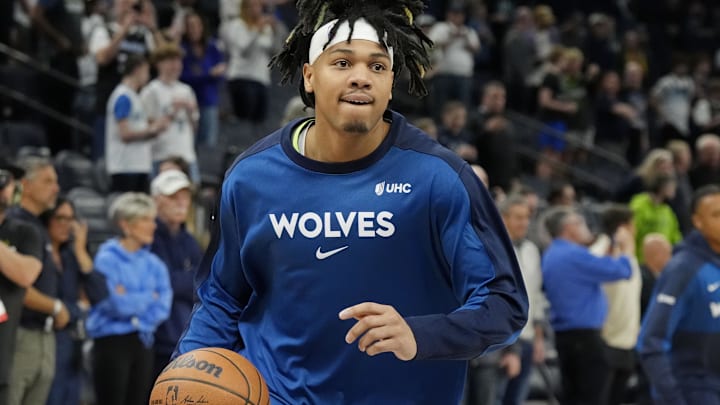 Mar 14, 2025; Minneapolis, Minnesota, USA; Minnesota Timberwolves guard Terrence Shannon Jr. (00) prepares to play the Orlando Magic at Target Center. Mandatory Credit: Bruce Kluckhohn-Imagn Images