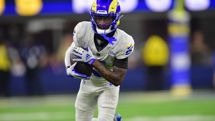 Oct 24, 2024; Inglewood, California, USA; Los Angeles Rams wide receiver Tutu Atwell (5) runs the ball against the Minnesota Vikings during the second half at SoFi Stadium. 