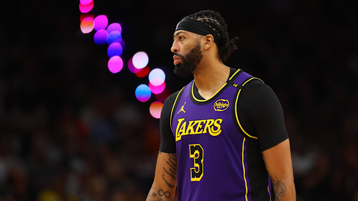 Oct 28, 2024; Phoenix, Arizona, USA; Los Angeles Lakers forward Anthony Davis (3) against the Phoenix Suns at Footprint Center. Mandatory Credit: Mark J. Rebilas-Imagn Images