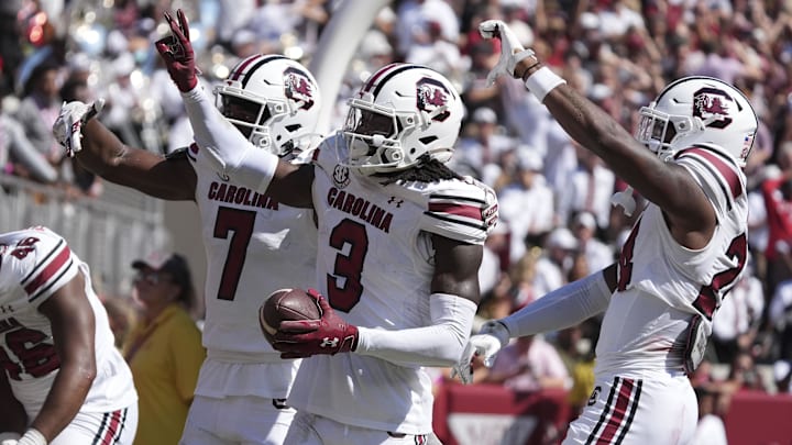 Oct 12, 2024; Tuscaloosa, Alabama, USA;  South Carolina Gamecocks defensive back O'Donnell Fortune (3) celebrates with teammates after making an interception to save a touchdown at Bryant-Denny Stadium. Alabama defeated South Carolina 27-25. Mandatory Credit: Gary Cosby Jr.-Imagn Images