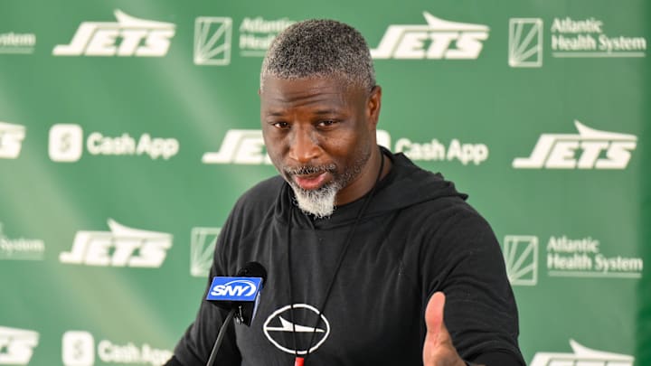 Jul 23, 2025; Florham Park, NY, USA; New York Jets head coach Aaron Glenn speaks at a press conference during training camp at Atlantic Health Jets Training Center. Mandatory Credit: John Jones-Imagn Images