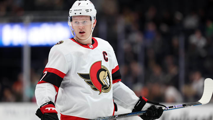 Mar 6, 2024; Anaheim, California, USA;  Ottawa Senators left wing Brady Tkachuk (7) waits for play to begin during the third period against the Anaheim Ducks at Honda Center. Mandatory Credit: Kiyoshi Mio-USA TODAY Sports