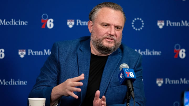 Dec 15, 2023; Philadelphia, Pennsylvania, USA; Philadelphia 76ers resident of Basketball Operations Daryl Morey speaks with the media before a game against the Detroit Pistons at Wells Fargo Center. Mandatory Credit: Bill Streicher-Imagn Images