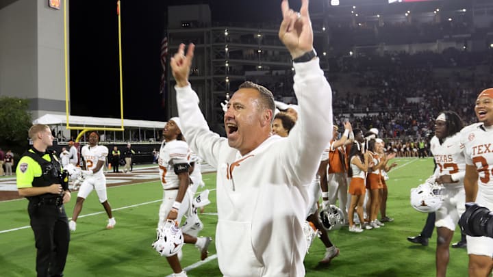 Texas Longhorns head coach Steve Sarkisian reacts after beating the Mississippi State Bulldogs in overtime at Davis Wade Stadium