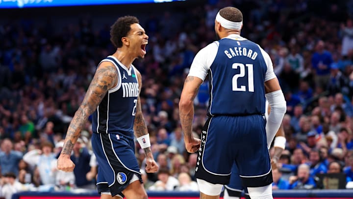 Feb 10, 2024; Dallas, Texas, USA; Dallas Mavericks forward P.J. Washington (25) celebrates with
