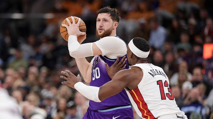 Jan 24, 2026; Salt Lake City, Utah, USA; Utah Jazz center Jusuf Nurkić (30) keeps the ball away from Miami Heat center/forward Bam Adebayo (13) during the second half at Delta Center. Mandatory Credit: Chris Nicoll-Imagn Images Jan 24, 2026; Salt Lake City, Utah, USA; Utah Jazz center Jusuf Nurkić (30) keeps the ball away from Miami Heat center/forward Bam Adebayo (13) during the second half at Delta Center. Mandatory Credit: Chris Nicoll-Imagn Images