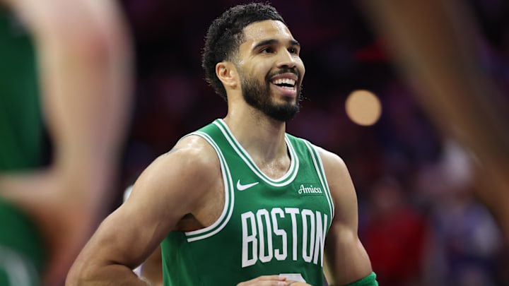 Apr 30, 2026; Philadelphia, Pennsylvania, USA; Boston Celtics forward Jayson Tatum (0) prepares to take a foul shot against the Philadelphia 76ers during the second quarter at Xfinity Mobile Arena. Mandatory Credit: Bill Streicher-Imagn Images