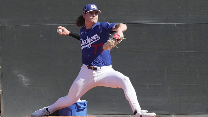 Feb 14, 2026; Glendale, AZ, USA; Los Angeles Dodgers pitcher River Ryan throws bullpen during spring training camp. Mandatory Credit: Rick Scuteri-Imagn Images