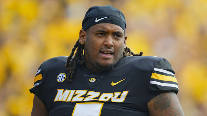 Sep 6, 2025; Columbia, Missouri, USA; Missouri Tigers defensive tackle Chris McClellan (7) prior to a game against the Kansas Jayhawks at Faurot Field at Memorial Stadium. Mandatory Credit: Jay Biggerstaff-Imagn Images