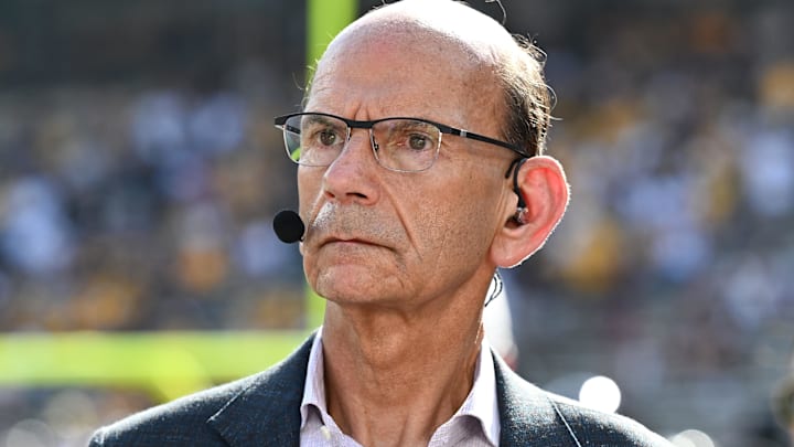 Oct 5, 2024; College Station, Texas, USA; SEC Nation analyst Paul Finebaum looks on prior to the game between the Texas A&M Aggies and the Missouri Tigers at Kyle Field. Mandatory Credit: Maria Lysaker-Imagn Images. 