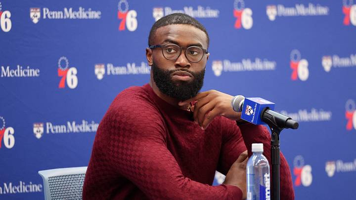 Philadelphia 76ers guard Jaylen Brown speaks with the media during his introductory press conference at the Francis J. Myers Recreation Center on August 6, 2026. Philadelphia 76ers guard Jaylen Brown speaks with the media during his introductory press conference at the Francis J. Myers Recreation Center on August 6, 2026.
