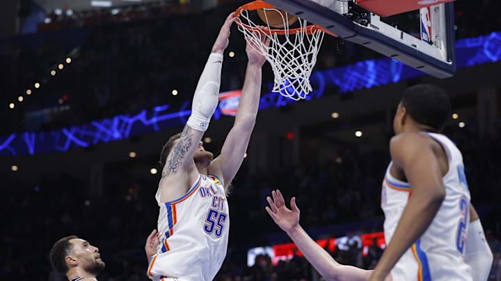 Oct 28, 2025; Oklahoma City, Oklahoma, USA; Oklahoma City Thunder center Isaiah Hartenstein (55) dunks off a rebound from Sacramento Kings during the second half at Paycom Center. Mandatory Credit: Alonzo Adams-Imagn Images