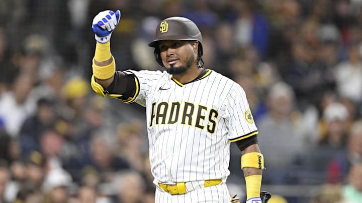 Apr 15, 2025; San Diego, California, USA; San Diego Padres first baseman Luis Arraez (4) reacts after striking out during the fifth inning against the Chicago Cubs at Petco Park. Mandatory Credit: Denis Poroy-Imagn Images